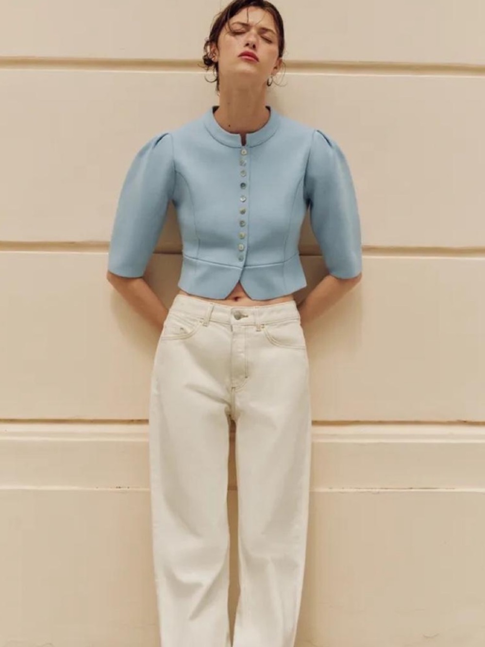 Zara Light Blue Cropped Button-Front Jacket - Picture 5 of 5